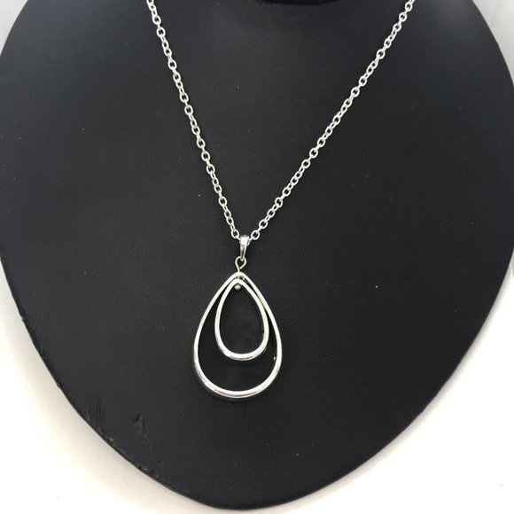 Double TEAR DROP Pebble Pendant Silver tone chain SIGNED FA  Necklace 18" - Picture 4 of 5
